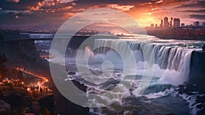 Niagara Falls at sunset, Ontario, Canada. The most powerful waterfall in the world, Dusk at Niagara Falls