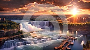 Niagara Falls at sunset, Ontario, Canada. The most powerful waterfall in the world, Dusk at Niagara Falls, AI Generated