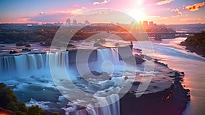 Niagara Falls at sunset, United States of America, USA, Dusk at Niagara Falls, AI Generated