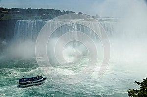 Niagara Horseshoe Falls with a touristic vessel Maid of the Mist approaching. The falls height is 57 m and they throw
