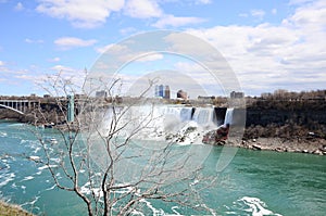 The Niagara River falls and bridge