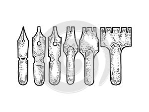 Nib pen set sketch engraving vector illustration