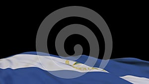 Nicaragua fabric flag waving on the wind loop. Nicaragua embroidery stiched cloth banner swaying on the breeze. Half-filled black