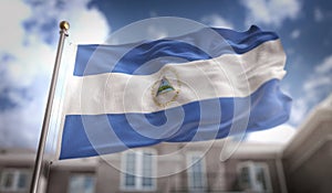 Nicaragua Flag 3D Rendering on Blue Sky Building Background