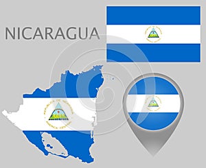 Nicaragua flag, map and map pointer