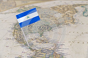 Nicaragua flag pin on world map