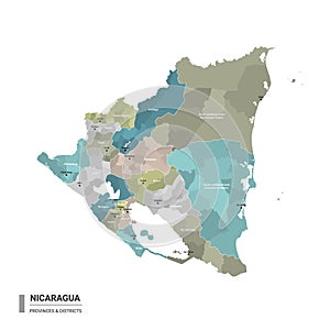 Nicaragua higt detailed map with subdivisions. Administrative map of Nicaragua with districts and cities name, colored by states