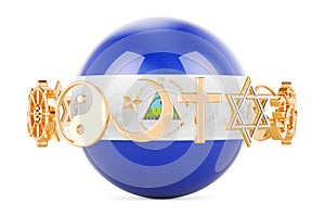 Nicaraguan flag painted on sphere with religions symbols around, 3D rendering