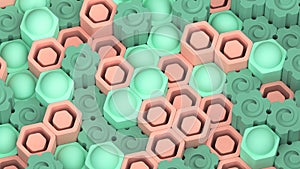 Nice abstract hexagonal background. Green and light orange hexes. delicate graphics. 3d render