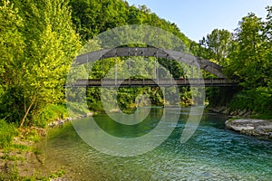 Nice aerial shot of the Serio river and old bridge photo