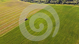 Nice aerial view of a hay field, a combine is working below.