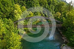 Nice aerial view of the Serio river and old bridge photo