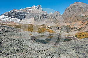 Aerial view of Wenkchemna Peak and Eiffel Lake in autumn photo