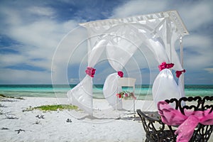 Nice amazing great closeup view of wedding decorated gazebo on Cuban Cayo Coco tropical beach