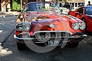 Nice antique red car at the parking lot in Downers Grove, United States