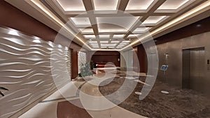 Nice architectural interior with marble floor, artistic wall plastering and joist illuminated ceilings, perspective view
