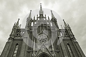 Nice architecture of famous Catholic Cathedral of The Immaculate Conception of The Blessed Virgin Mary in Moscow under dramatic
