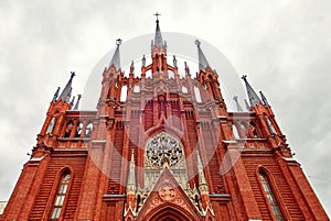 Nice architecture of famous Catholic Cathedral of The Immaculate Conception of The Blessed Virgin Mary in Moscow under dramatic