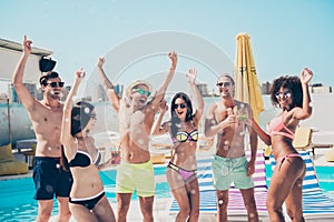 Nice attractive slim fit thin sporty cheerful cheery guys clubbing at fashionable spa hotel club having fun best buddy