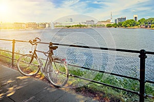 Nice bicycle on sunny summer day at the Alster lake in Hamburg, Germany