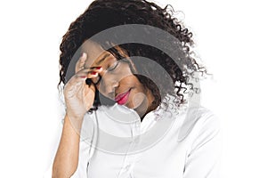 Nice black afro american on studio white background depress and sad