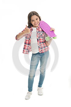 Nice board. Kid girl happy holds penny board. Modern teen hobby. Girl happy face carries penny board white background