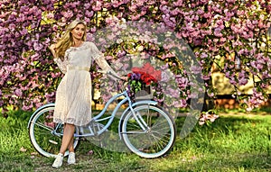 Nice bouquet. lady walk in park. pink cherry tree blossom. girl carry flower in retro bicycle. spring beautiful woman in