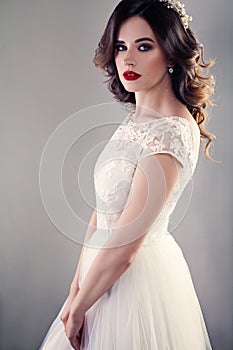 Nice Bride in White Wedding Dress, Pretty Girl Fiancee