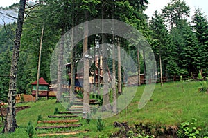 A nice cabin among fir trees in the Romanian Carpathians.