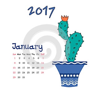 Nice calendar template for January 2017 with cute cactus