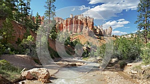 Nice calm creek river at Moss Cave trail between red cliff rocks at Bryce Canyon