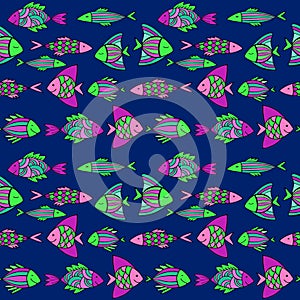 Nice cartoon fishes set. Vector seamless pattern.