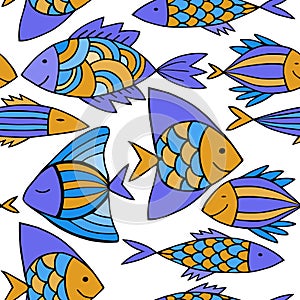 Nice cartoon fishes set. Vector seamless pattern.