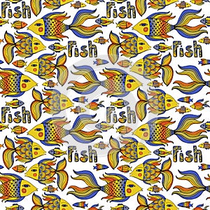 Nice cartoon fishes set. Vector seamless pattern.