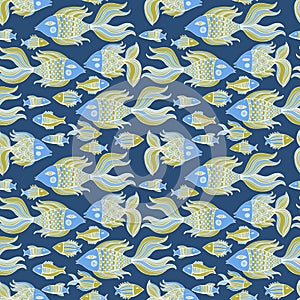 Nice cartoon fishes set. Vector seamless pattern.