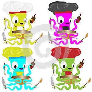 Nice cartoon octopus chef in cook hat.