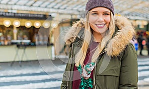 Nice chubby woman  at city street. Life of plump people, psychology and lifestyle