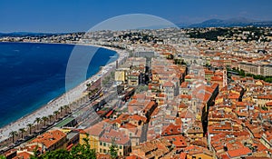 Nice city coastline and orange rooftops of the Old Town, Vieille Ville in Nice, French Riviera on the Mediterranean Sea