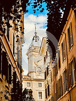 Clock church tower at Piazza d`orologio in Rome photo