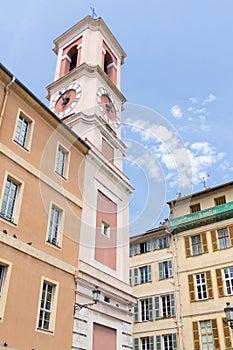 Nice colorful street architecture and tower view Cote d`Azur in France of French riviera
