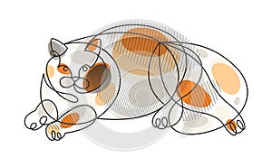 Nice cute cat linear vector illustration, line art drawing of pussycat relaxing, artistic outline minimal sketch of fat and lazy