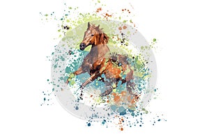 Nice detail in nature. Close-up portrait of a big strong horse painted in watercolors.