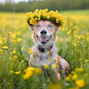 Nice dog among flowers in a spring field.