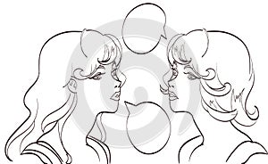 Nice drawn two talking women lineart. Vector pop art syle. eps 10