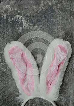 A nice Easter image juxtaposing the softness of fuzzy pink and white bunny ears on a headband against the hard, worn steel