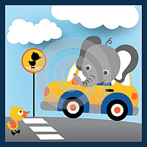 Nice elephant cartoon on car with a little duck in the road