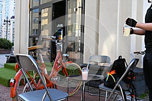A nice end to bike ride in an evening street cafe. photo