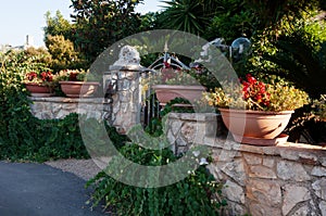 nice entrance to the house, gate and fence with flowers and other plants