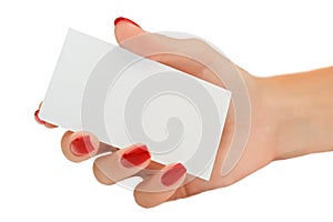 Nice female hand holding a blank business card