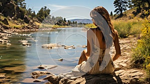 A nice fishing spot by the river, gentle breeze, and a beautiful woman in a sundress